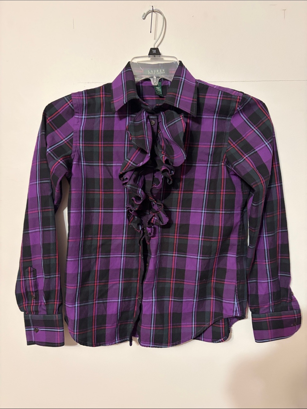 Lauren Ralph Lauren Purple & Black Plaid Ruffle Front Button-Up Shirt. 💯 cotton.